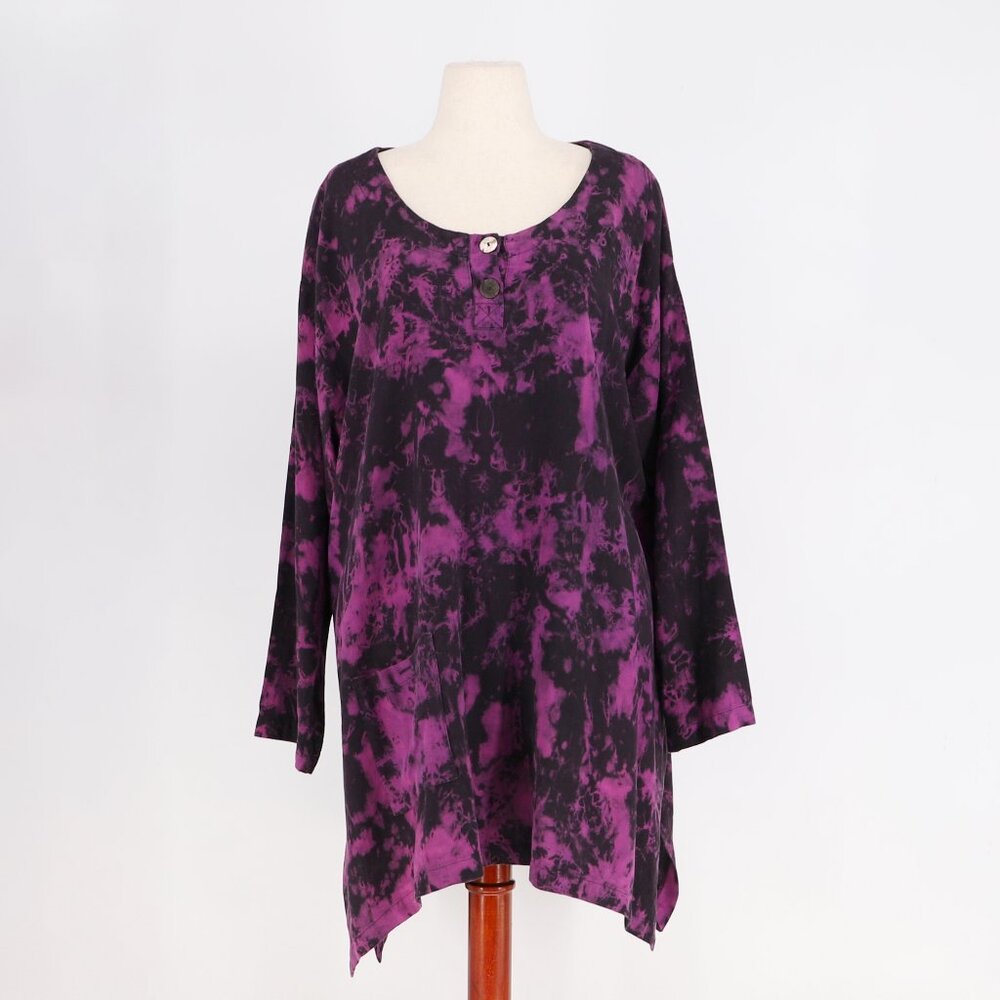 SULTRY TOUCH 100% Linen Tie Dye Tunic Top Lagenlook Black & Purple Size 1
